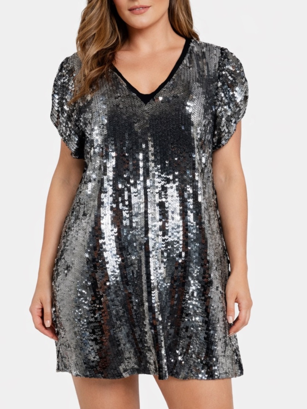 MICHAEL KORS Silver Sequin V-Neck Puff Sleeve Dress Size M - Picture 7 of 10